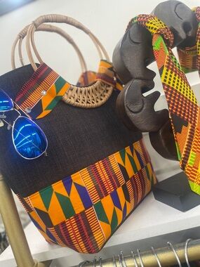 Handcrafted Tote Bag with Vibrant Kente Accent